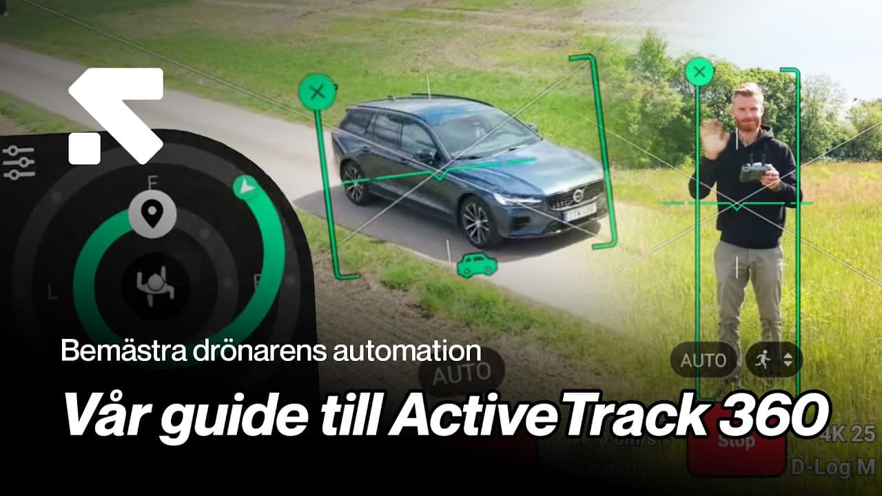 En drönare använder ActiveTrack 360 för att följa en bil och en person som vinkar, med ett gränssnitt som visar spårningsfunktioner.
