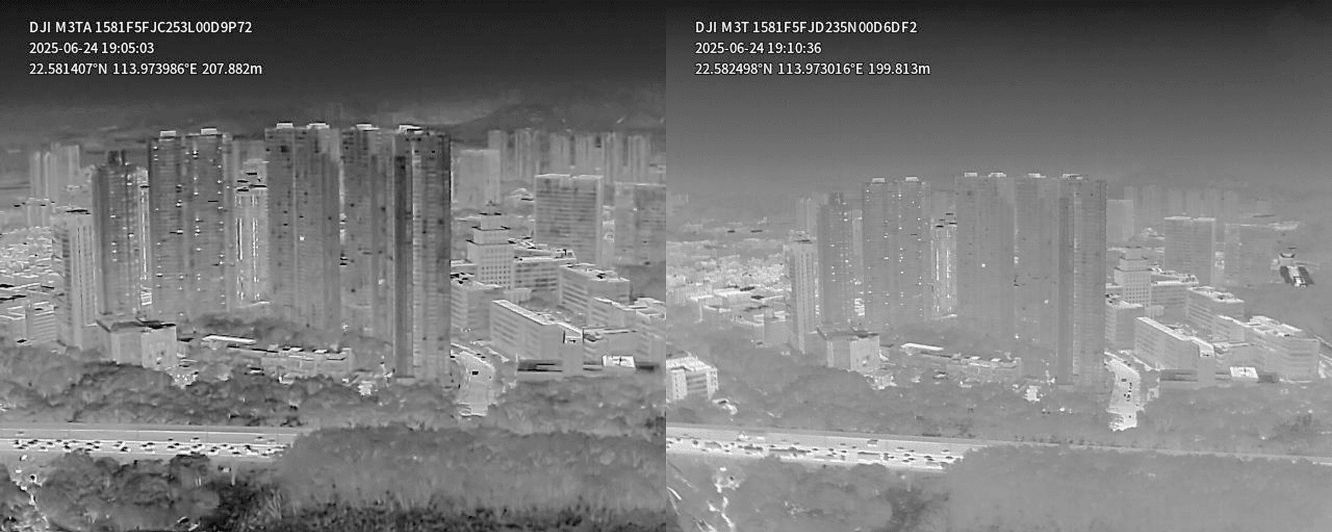 Termisk bild av en stadssilhuett jämförs mellan Mavic 3T Advanced och Mavic 3T, med höghus och vägar synliga i båda bilderna.
