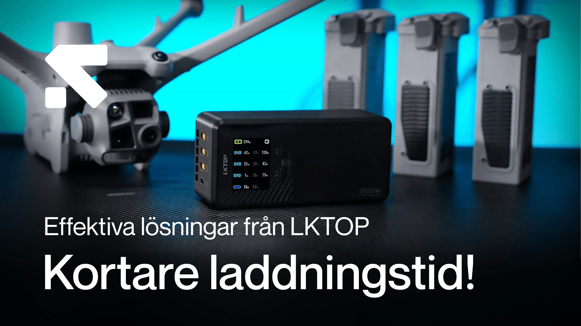 En kompakt laddningsenhet från LKTOP visas bredvid en drönare och batterier, med fokus på effektiv laddningsteknik. en-kompakt-laddningsenhet.png