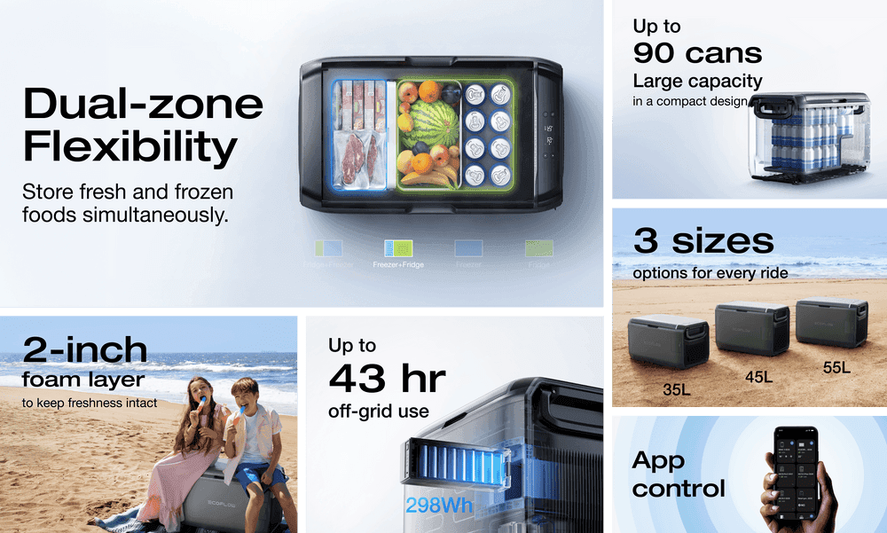 En högteknologisk kylbox med dubbelzon för att lagra färska och frysta livsmedel samtidigt. Den erbjuder upp till 90 burkar kapacitet, tre storlekar, och appkontroll för bekväm användning.