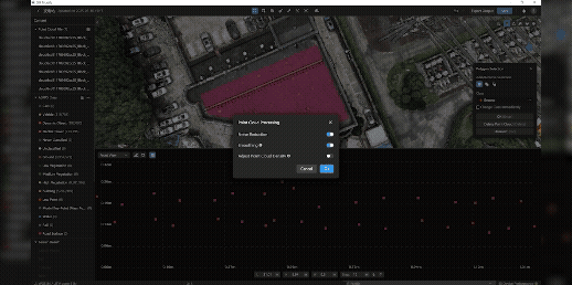 En satellitbildsanalys med ett användargränssnitt som visar inställningar för färgtröskel och dataöverlagring på en karta.