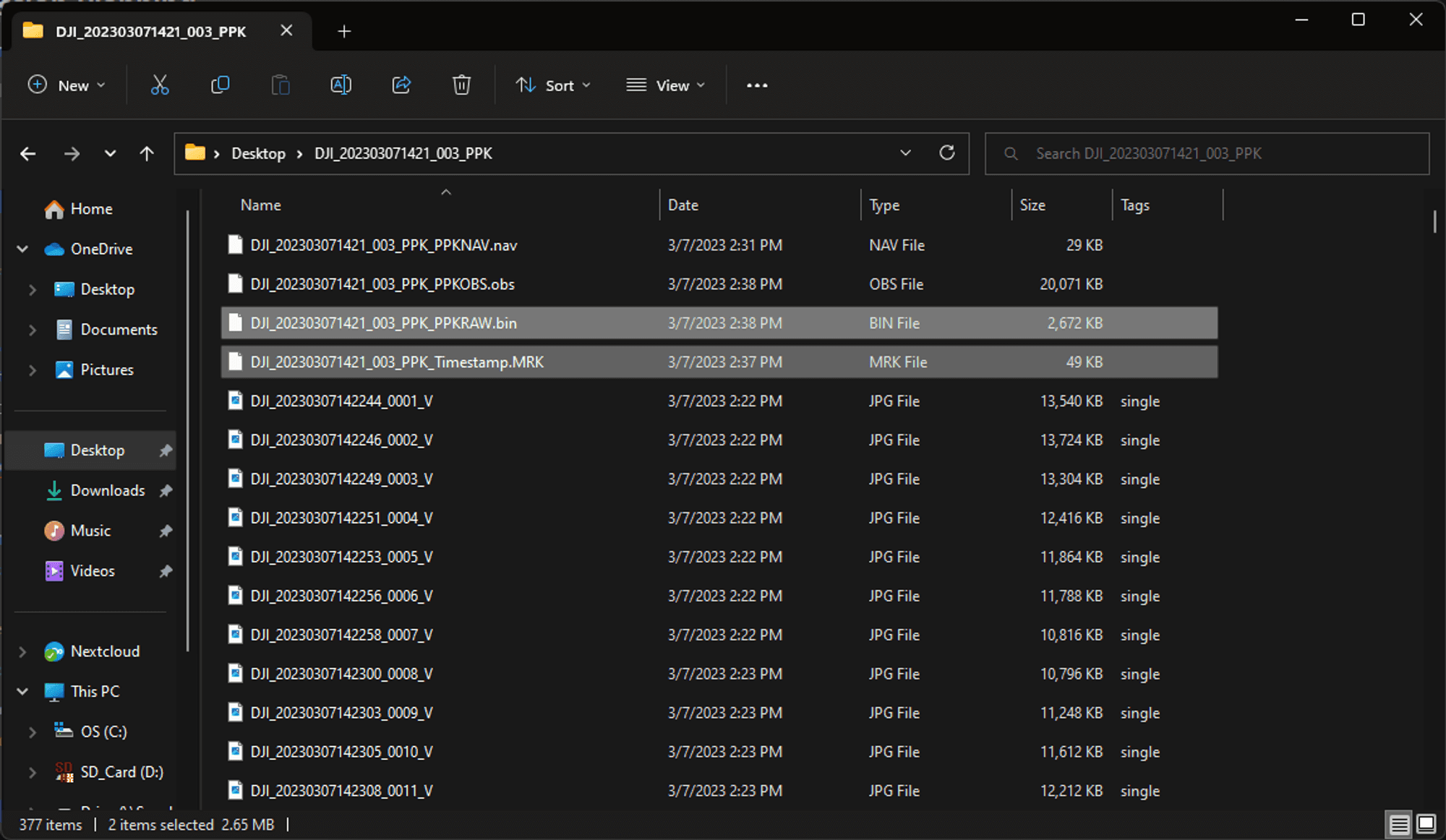 En skärmdump av en filutforskare som visar en mapp med olika filtyper, inklusive NAV, OBS, BIN, MRK och JPG, sorterade efter namn och storlek.